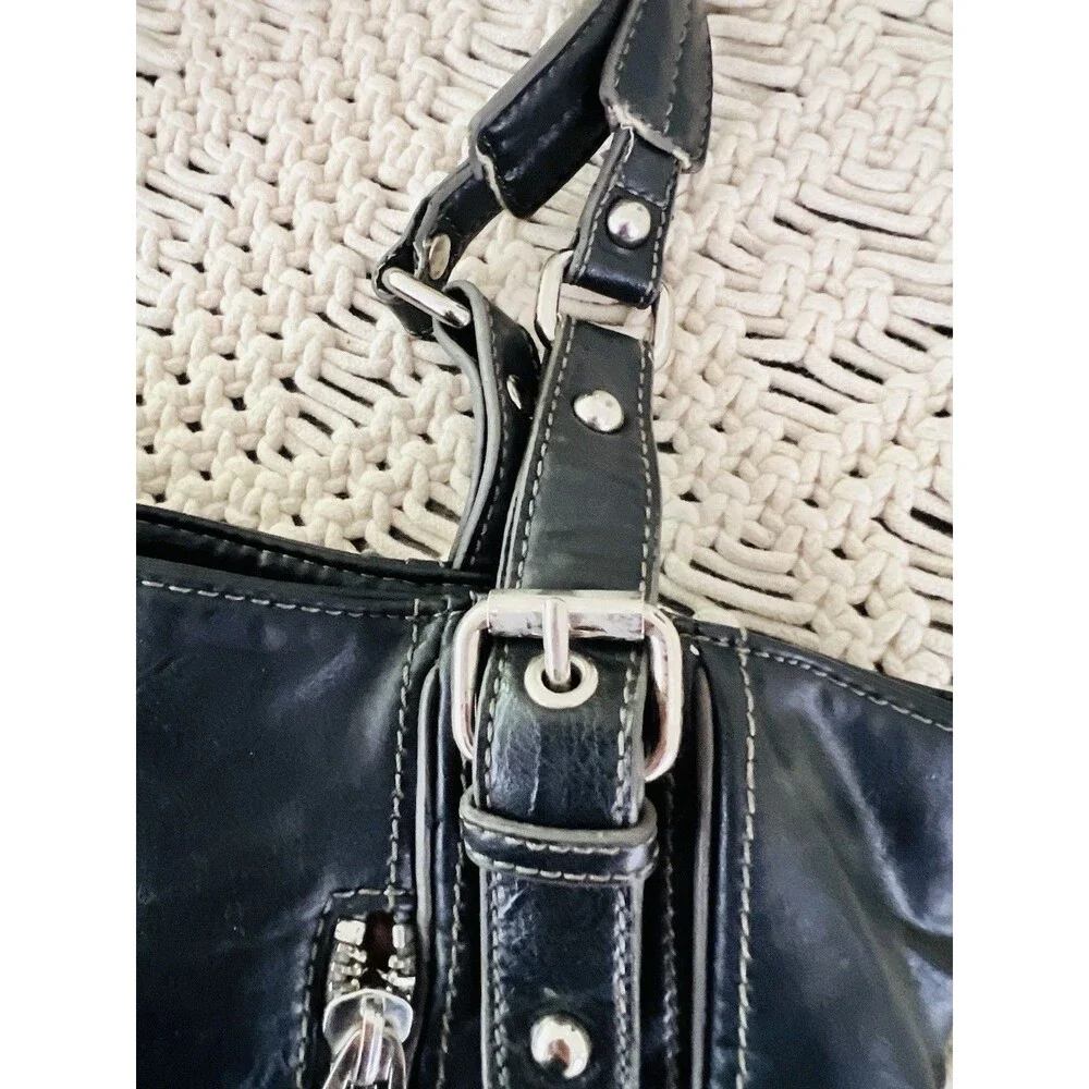 Nine West Black Vegan Leather Shoulder Tote Purse Double Zip Pocket Moto